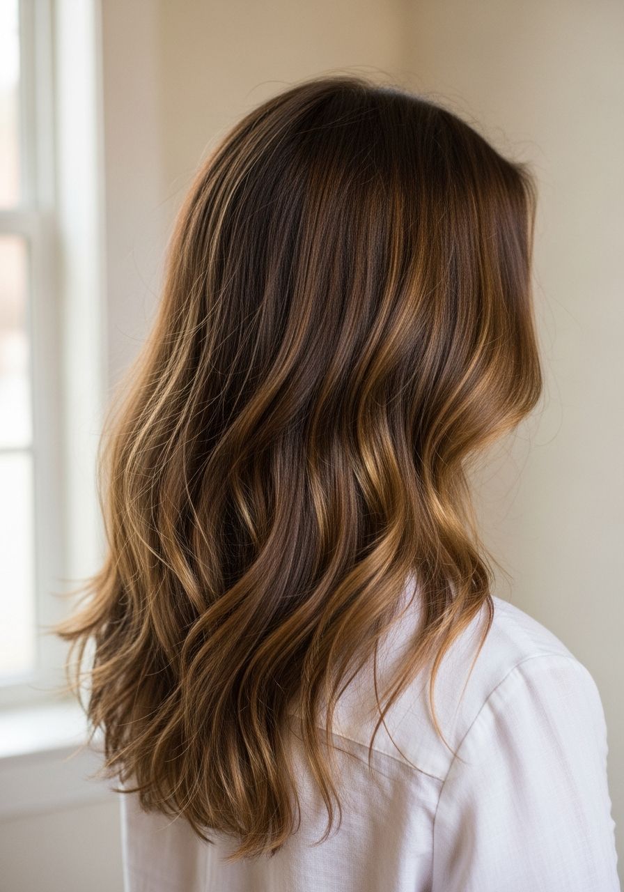 Long natural beach waves with sun-kissed highlights, blow-dried at Leo & Simon Hair Salon in Eton near Windsor
