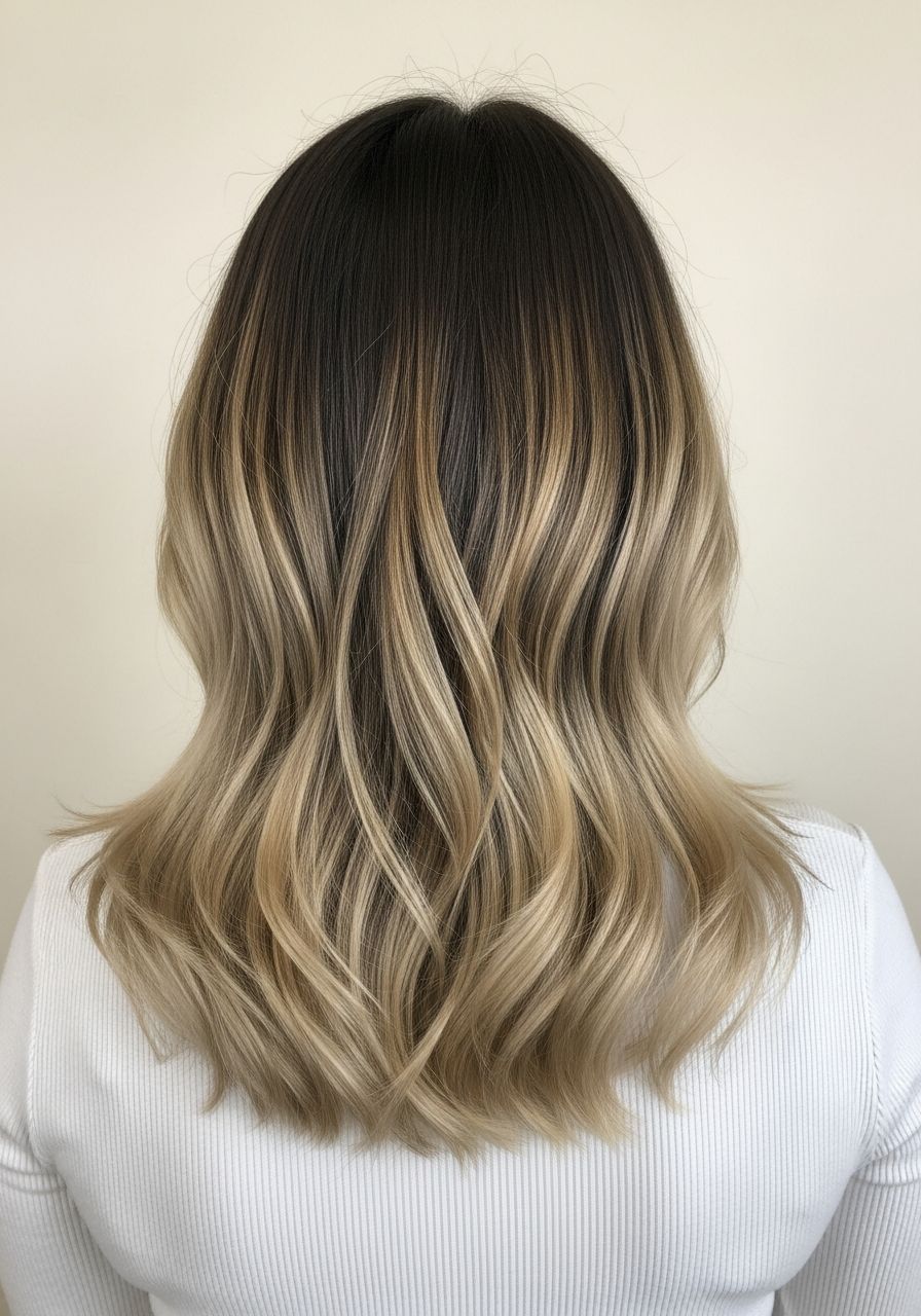Balayage Windsor, back-of-head after reference, expensive lived-in balayage with deep brunette root melt fading through honey caramel ribbons into soft cream blonde ends, illustrative example for Leo & Simon Hair Salon, Eton near Windsor