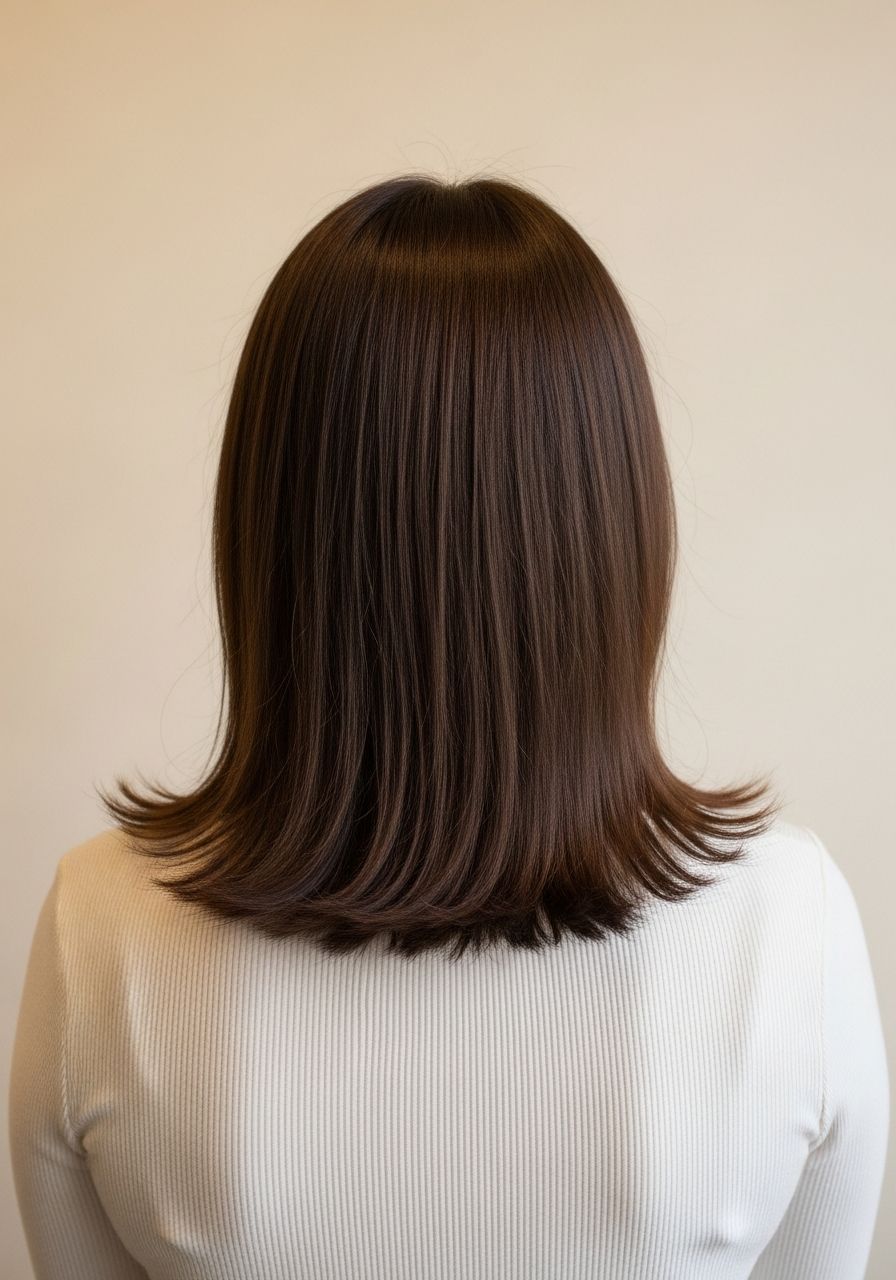 Balayage Windsor, back-of-head before reference, mid-back length flat one-tone medium-brown hair with no highlights, illustrative example for Leo & Simon Hair Salon, Eton near Windsor