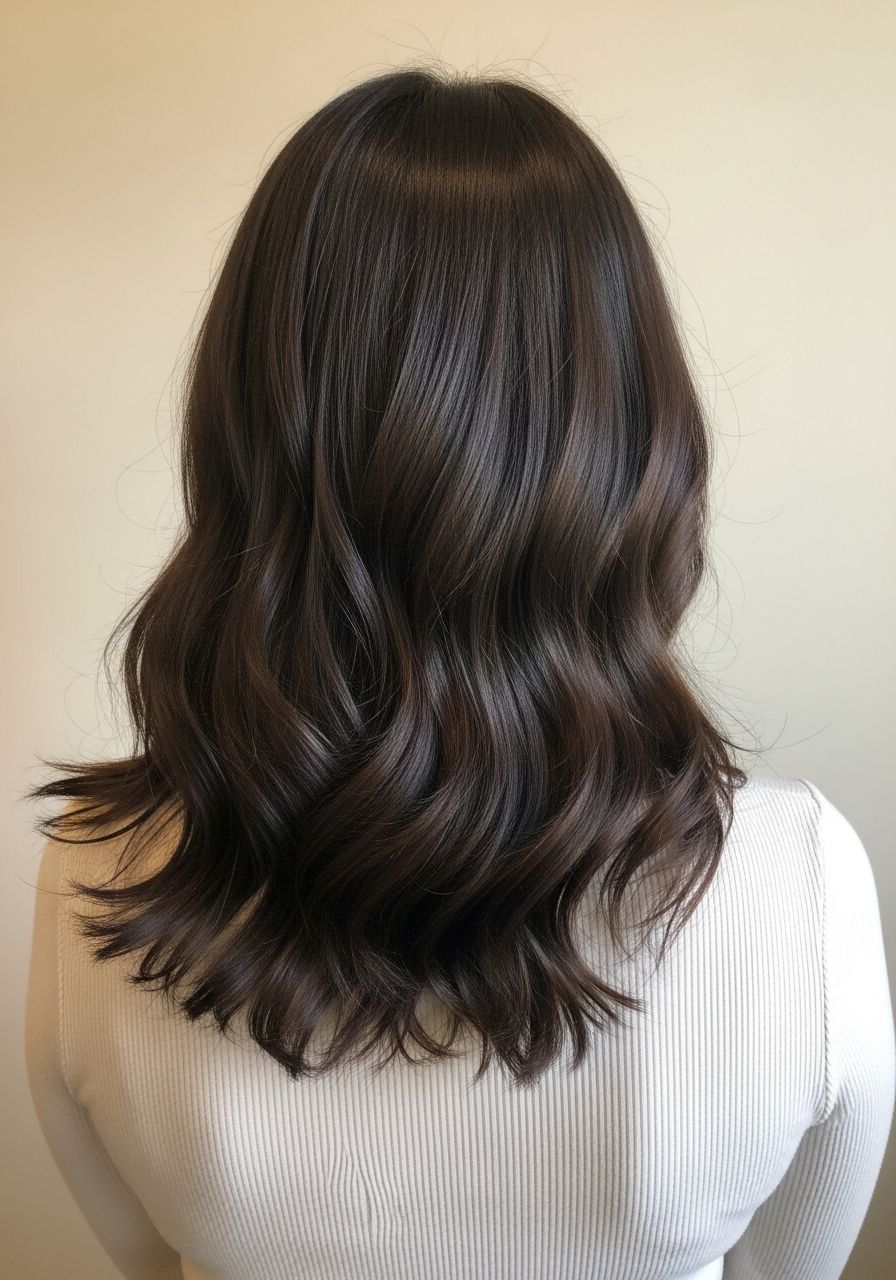 Brunette colour Eton, back-of-head after reference, freshly coloured rich true cool chocolate brunette with subtle multi-tonal ribbons and natural mirror shine, no red copper or auburn cast, illustrative example for Leo & Simon Hair Salon, Eton near Windsor