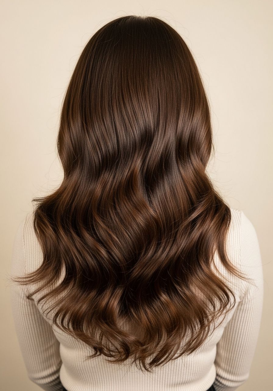 Hair extensions Eton, back-of-head after reference, very long thick voluminous medium-brown hair with seamless 20 inch tape-in extensions and soft waves, illustrative example for Leo & Simon Hair Salon, Eton near Windsor