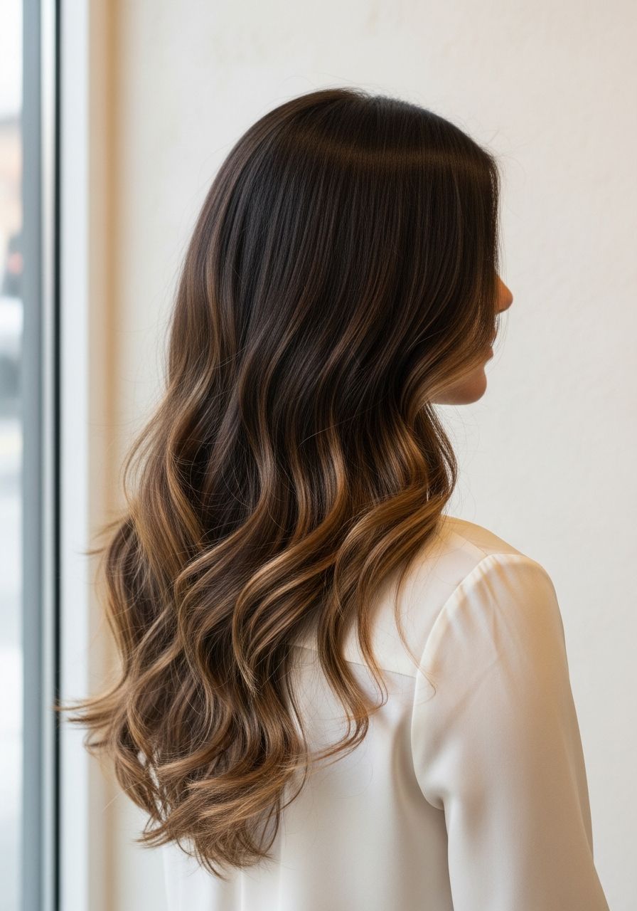 Rich chocolate brunette balayage with subtle softer brown ribbons and mirror shine, by Leo & Simon Hair Salon in Eton near Windsor