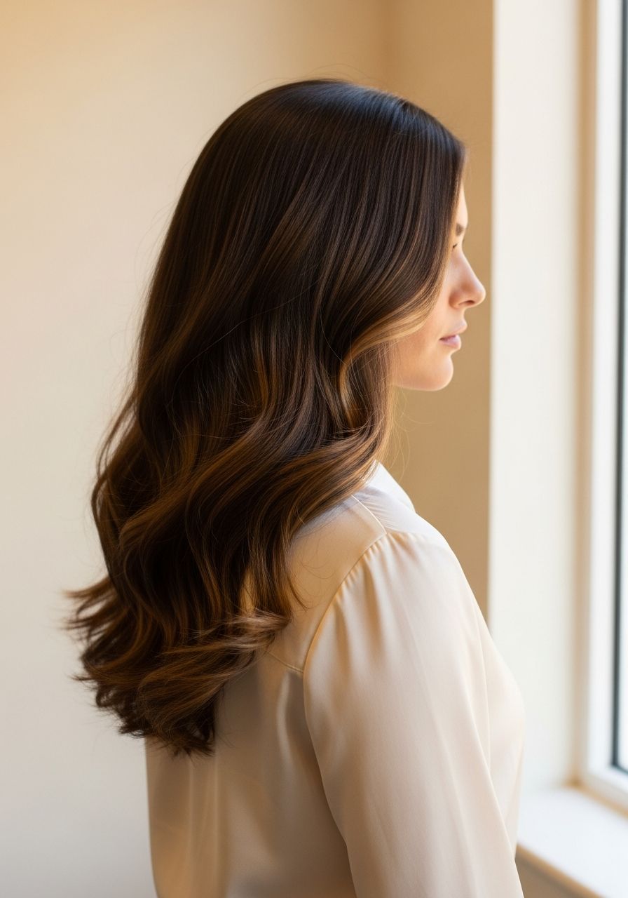 Medium-dark chocolate brunette balayage with multi-tonal brown ribbons and Hollywood waves, by Leo & Simon Hair Salon in Eton near Windsor